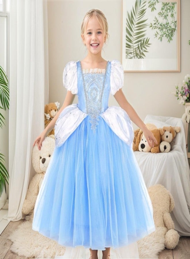CQDY Princess Cinderella Dress for Girls Blue Puff Sleeve Costume Outfit Dress Up Clothes for Party Halloween Christmas Birthday - Image 4